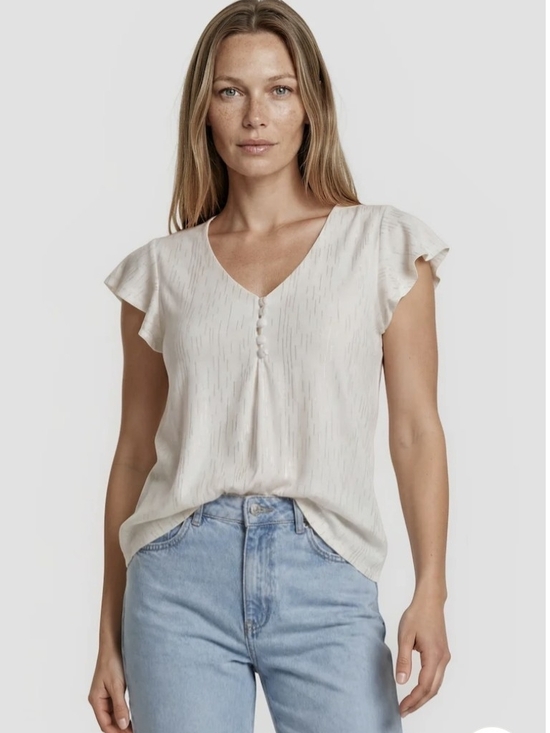 Beechers Brook Tops - Light Cream V-Neck Flutter Sleeve Blouse with Button Detail